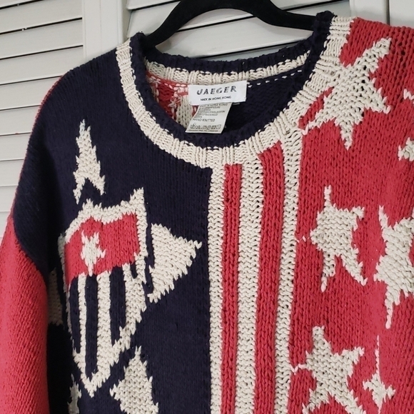 Vintage Jaeger Patriotic Silk Blend Sweater, Sz L Chunky Knit Relaxed Fit Tunic - Picture 3 of 10